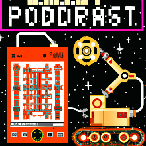 Create a captivating podcast cover art that combines elements of vintage engineering tools like punch cards and steam engines with modern computer technology. Include imagery that represents both Western and Japanese advances in science and technology.